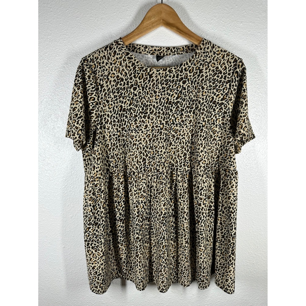 SHEIN Top Womens XL Brown Leopard Print Babydoll Short Sleeve Crew Neck Blouse